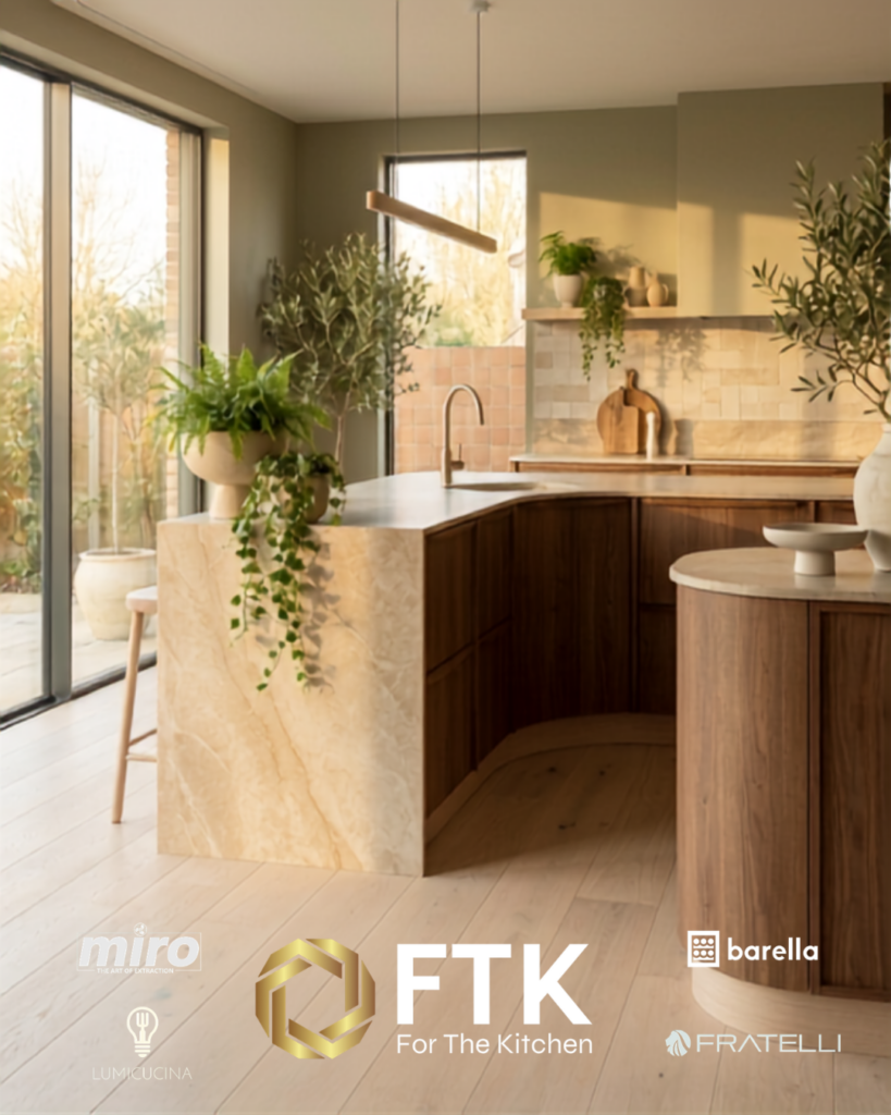 Biophilic kitchen design - kitchen design created by AI, with artists impression of natural wood features, earthy colour scheme, stylish representation of Lumicucina pendant light and floor-to-ceiling windows allowing in an abundance of natural light. The definition of biophilic.