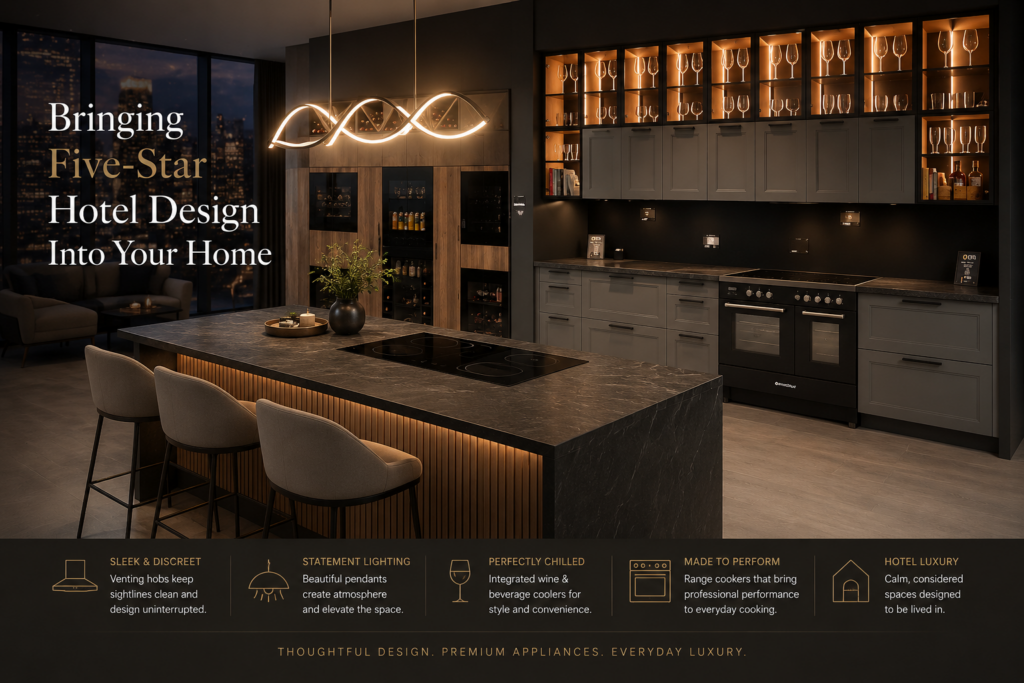 Bringing five-star hotel design into your home.
AI generated image containing representations of venting hob, lighting, range cooker and wine and beverage coolers.