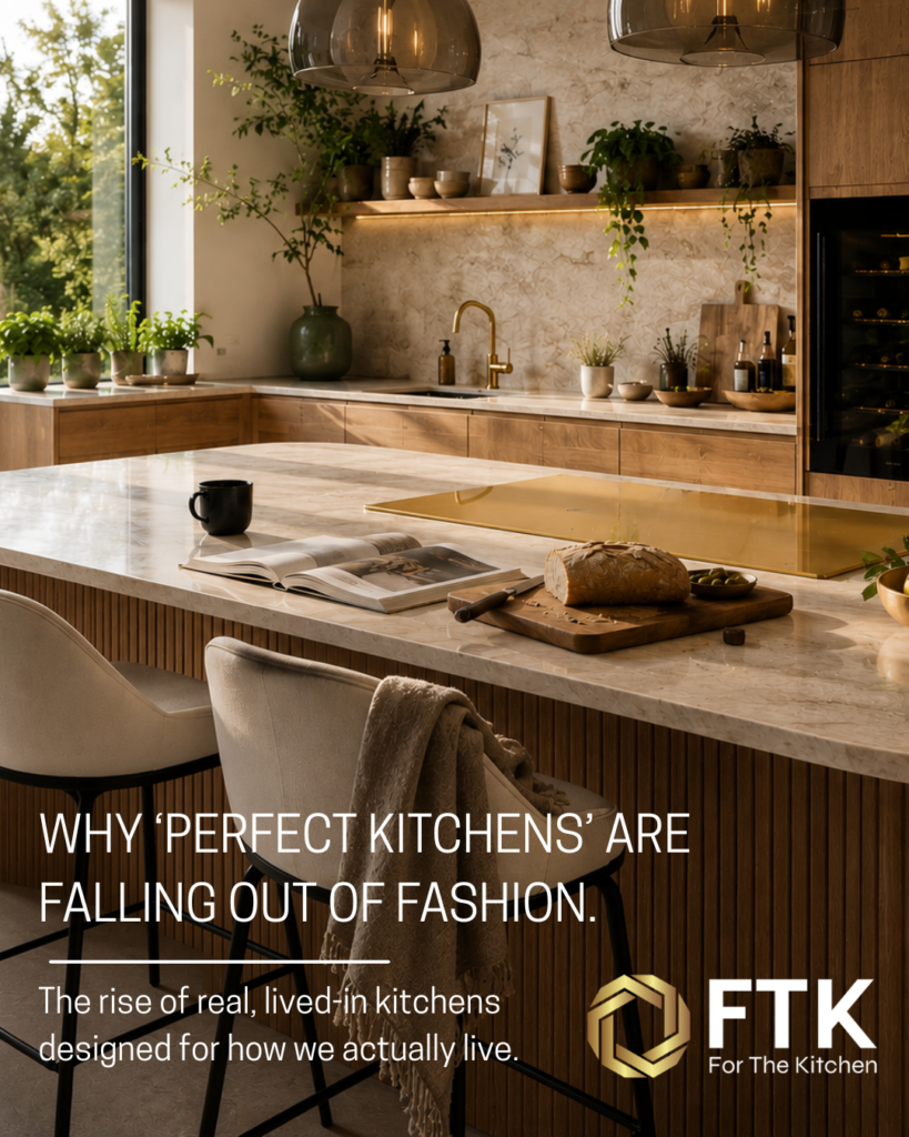 Artist impression of a warm-design kitchen with natural woods, light surfaces, and subtly displaying visions of usage - with an open recipe book, a coffee mug and sliced, homemade bread.