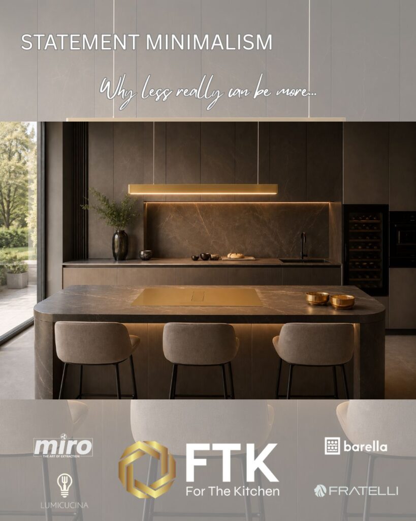 Statement minimalism - stylish kitchen design featuring digitally edited version, combining the Champagne Gold Spectre venting hob by Miro Cooker Hoods and the Midas pendant light by Lumicucina - both brought to you by For The Kitchen.